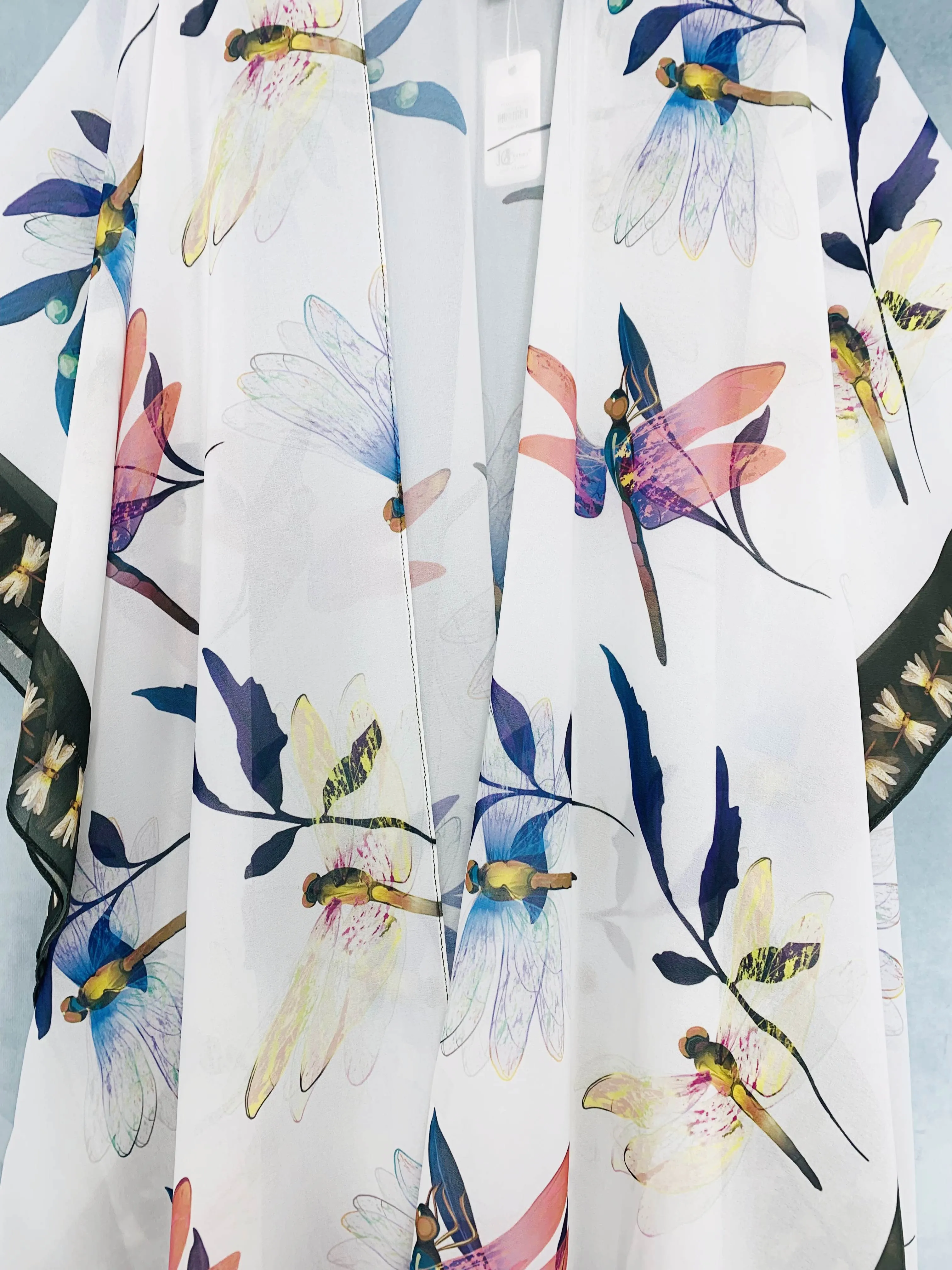 JC071046 White-Multi Border-Accent Dragonfly Kimono