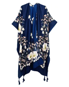 JC083360 Blue-White Tassel-Accent Floral Kimono