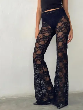 JuliaFashion - See Through Black Mesh Sheer Lace Floral Bell-Bottoms Pants