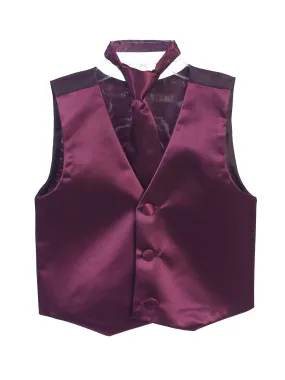 Little Boys Wine Three Button Satin Vest Tie 2 Pc Set 2-6