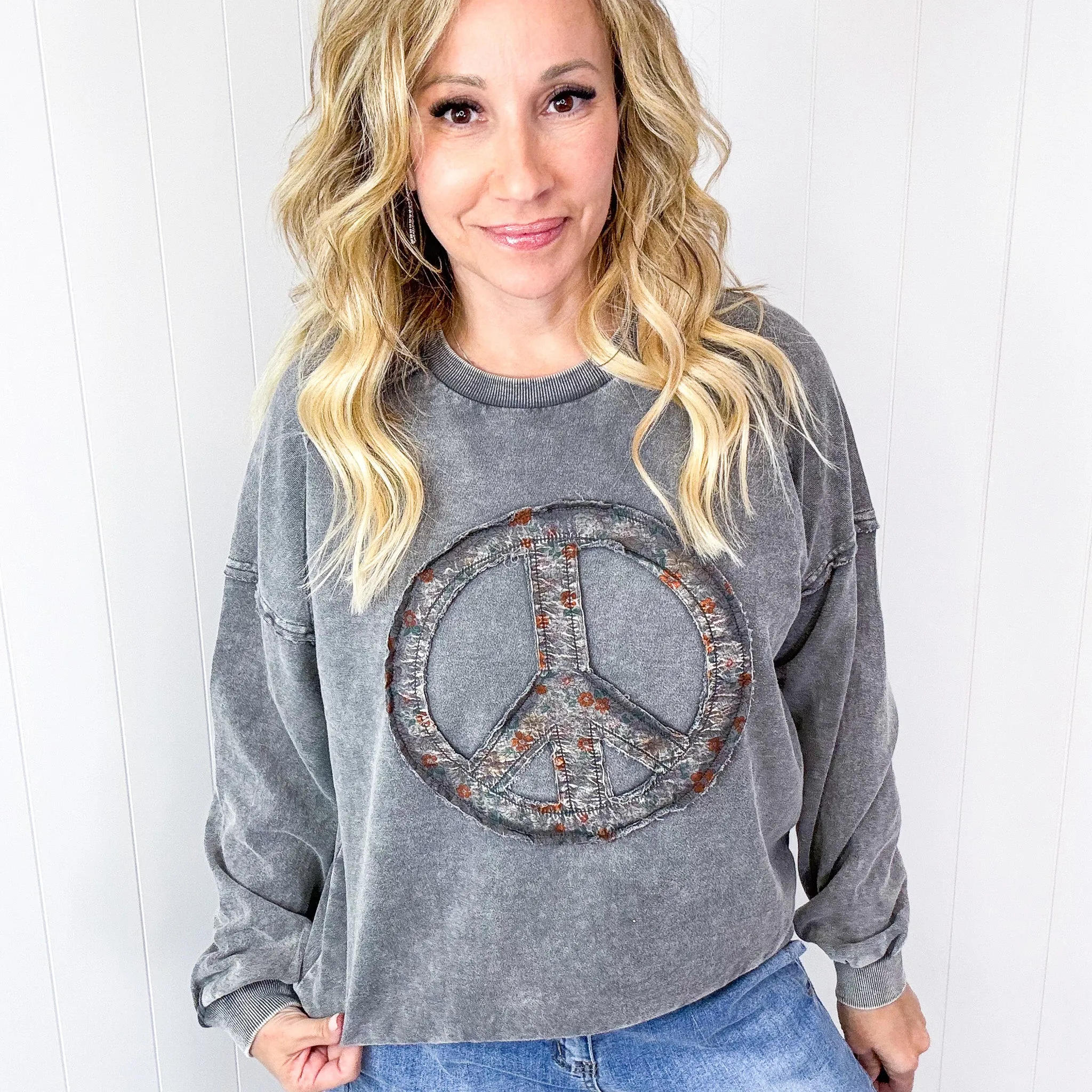 Making Peace Patch Long Sleeve Mineral Washed Knit Pullover in 2 Colors