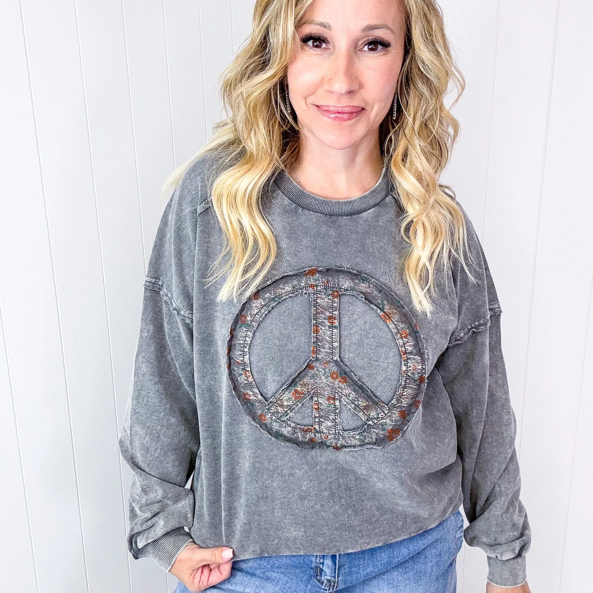 Making Peace Patch Long Sleeve Mineral Washed Knit Pullover in 2 Colors