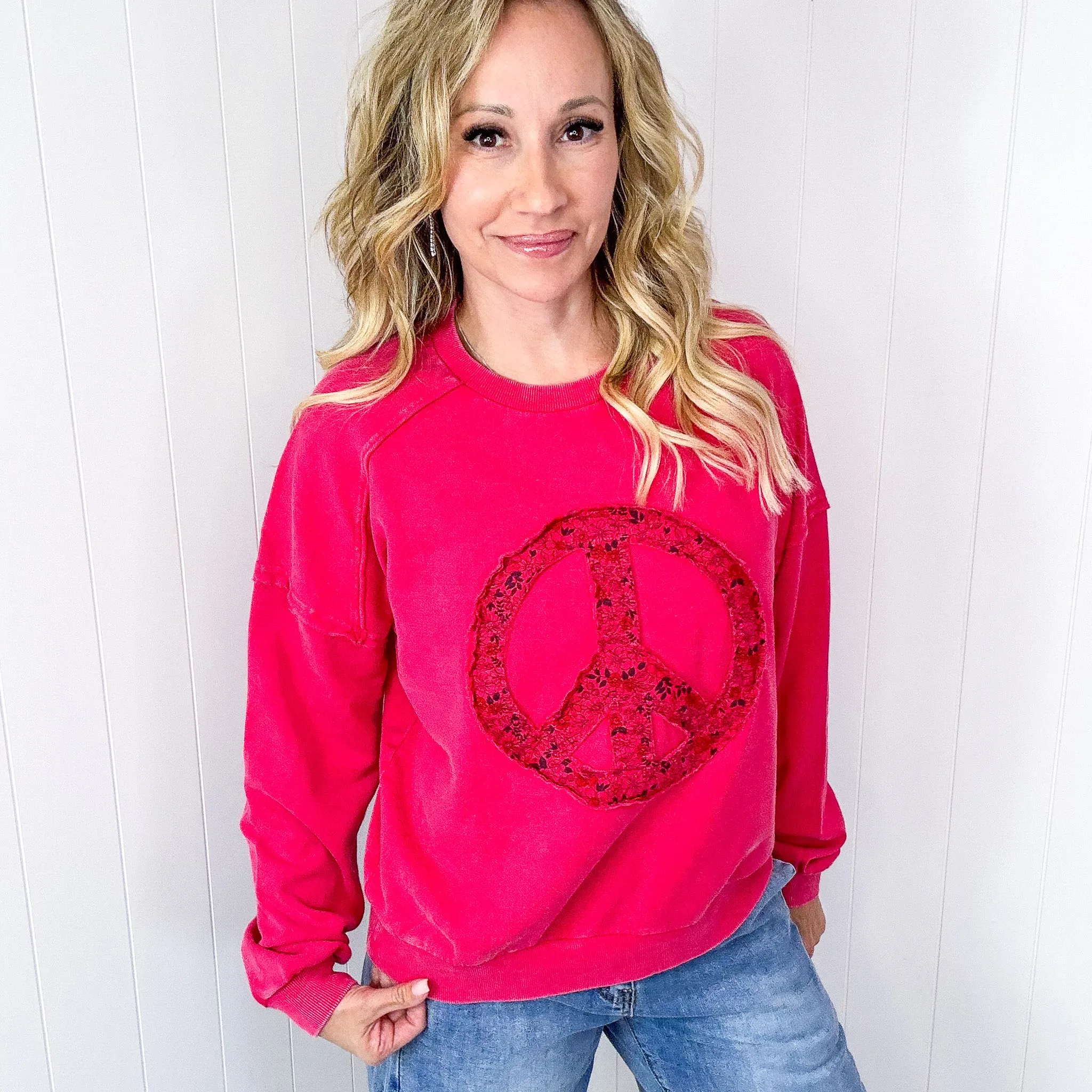 Making Peace Patch Long Sleeve Mineral Washed Knit Pullover in 2 Colors