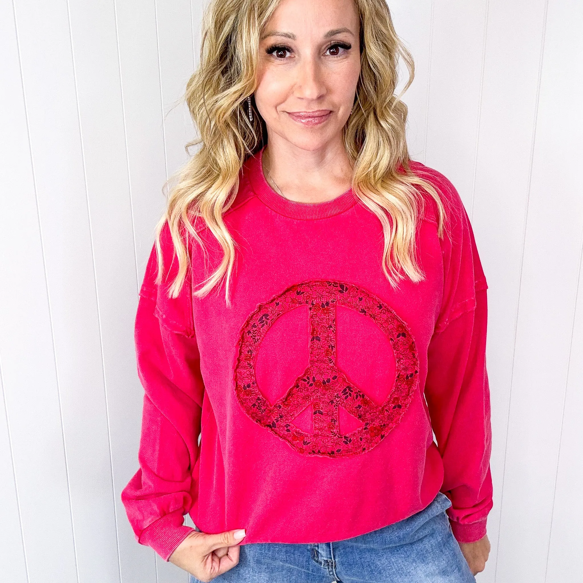 Making Peace Patch Long Sleeve Mineral Washed Knit Pullover in 2 Colors