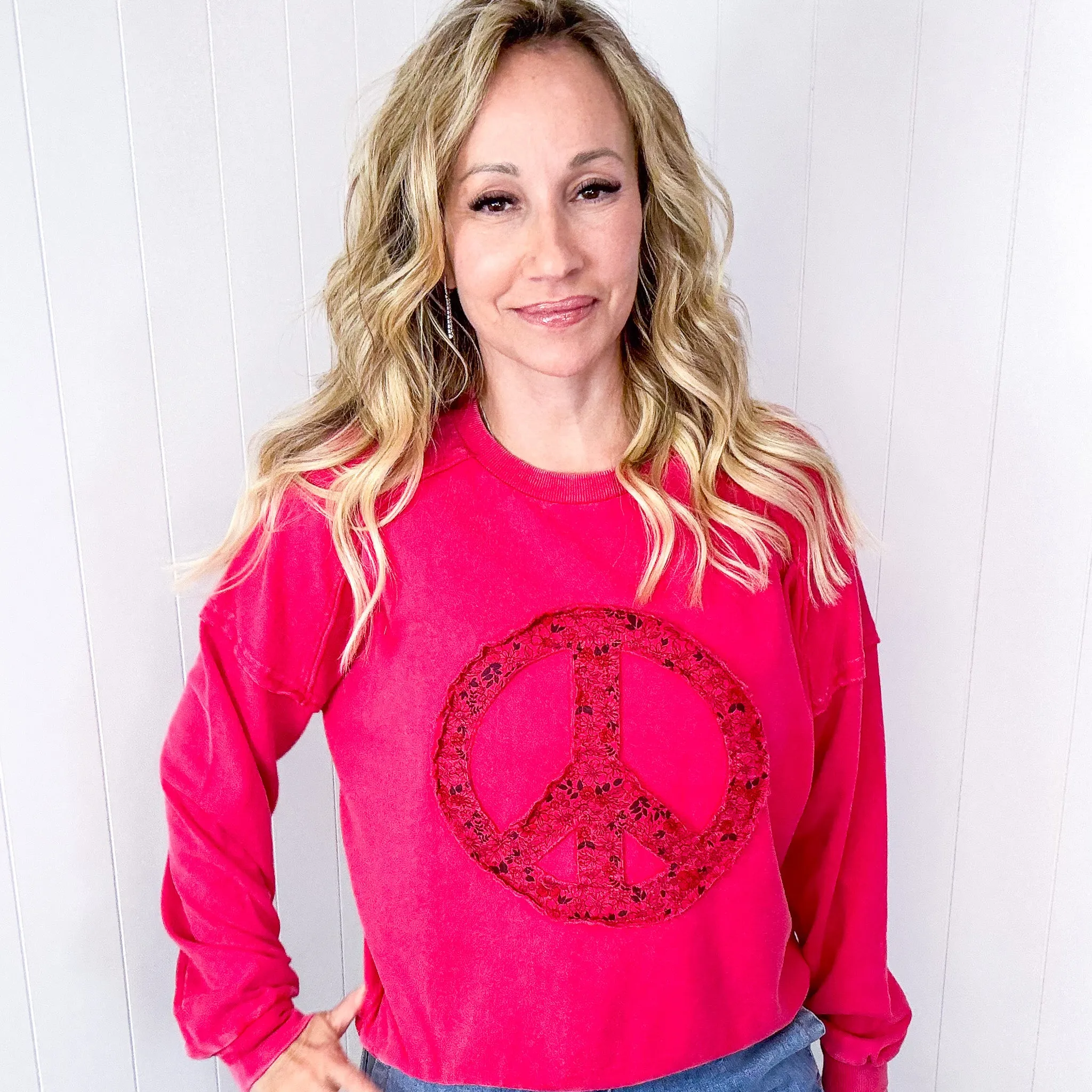 Making Peace Patch Long Sleeve Mineral Washed Knit Pullover in 2 Colors