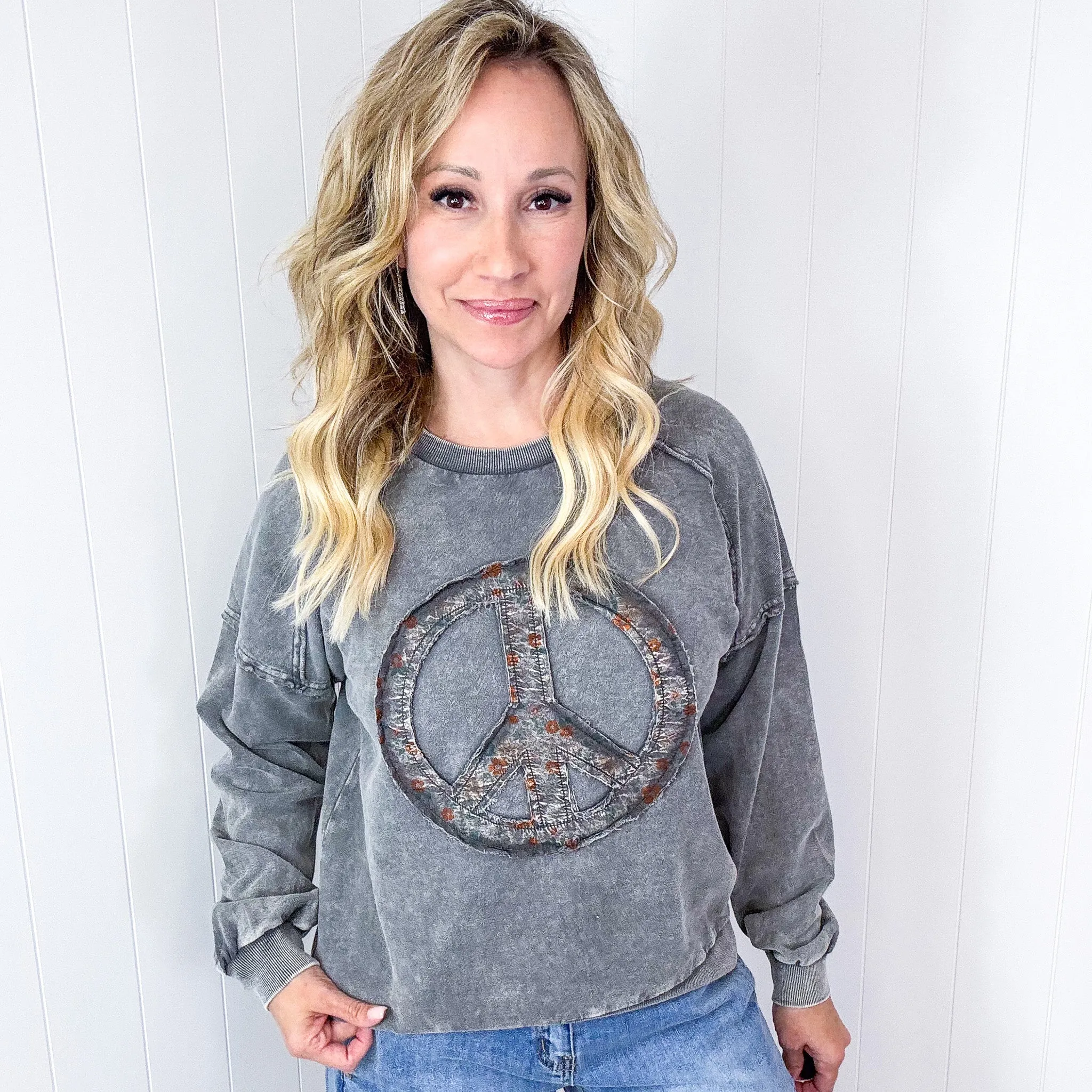 Making Peace Patch Long Sleeve Mineral Washed Knit Pullover in 2 Colors