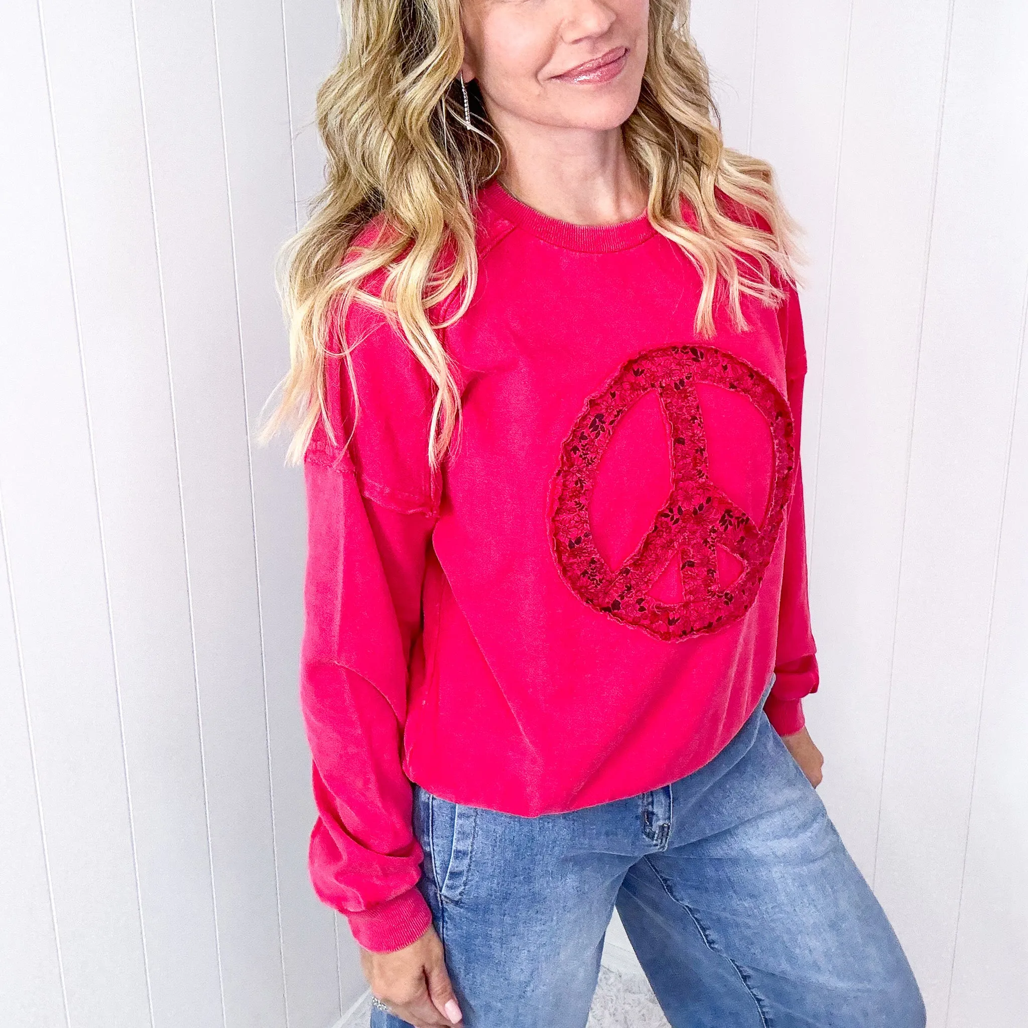 Making Peace Patch Long Sleeve Mineral Washed Knit Pullover in 2 Colors