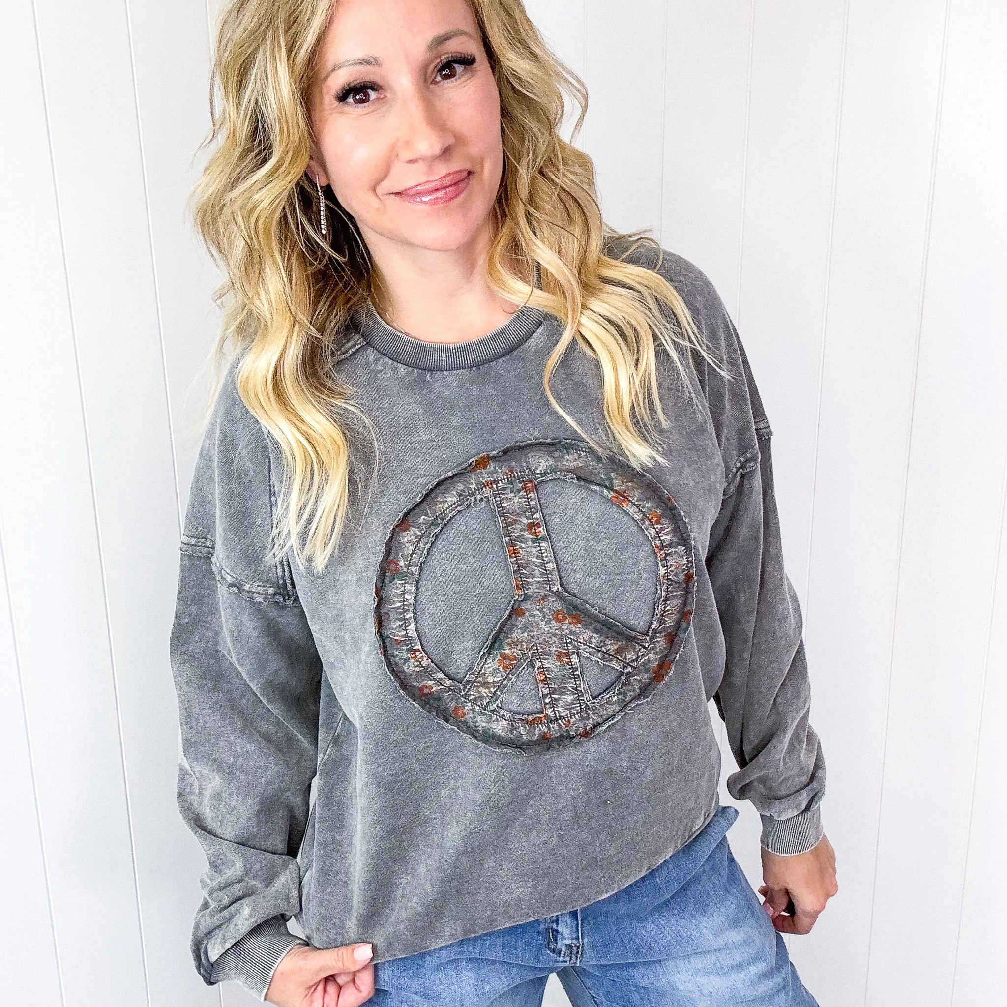 Making Peace Patch Long Sleeve Mineral Washed Knit Pullover in 2 Colors