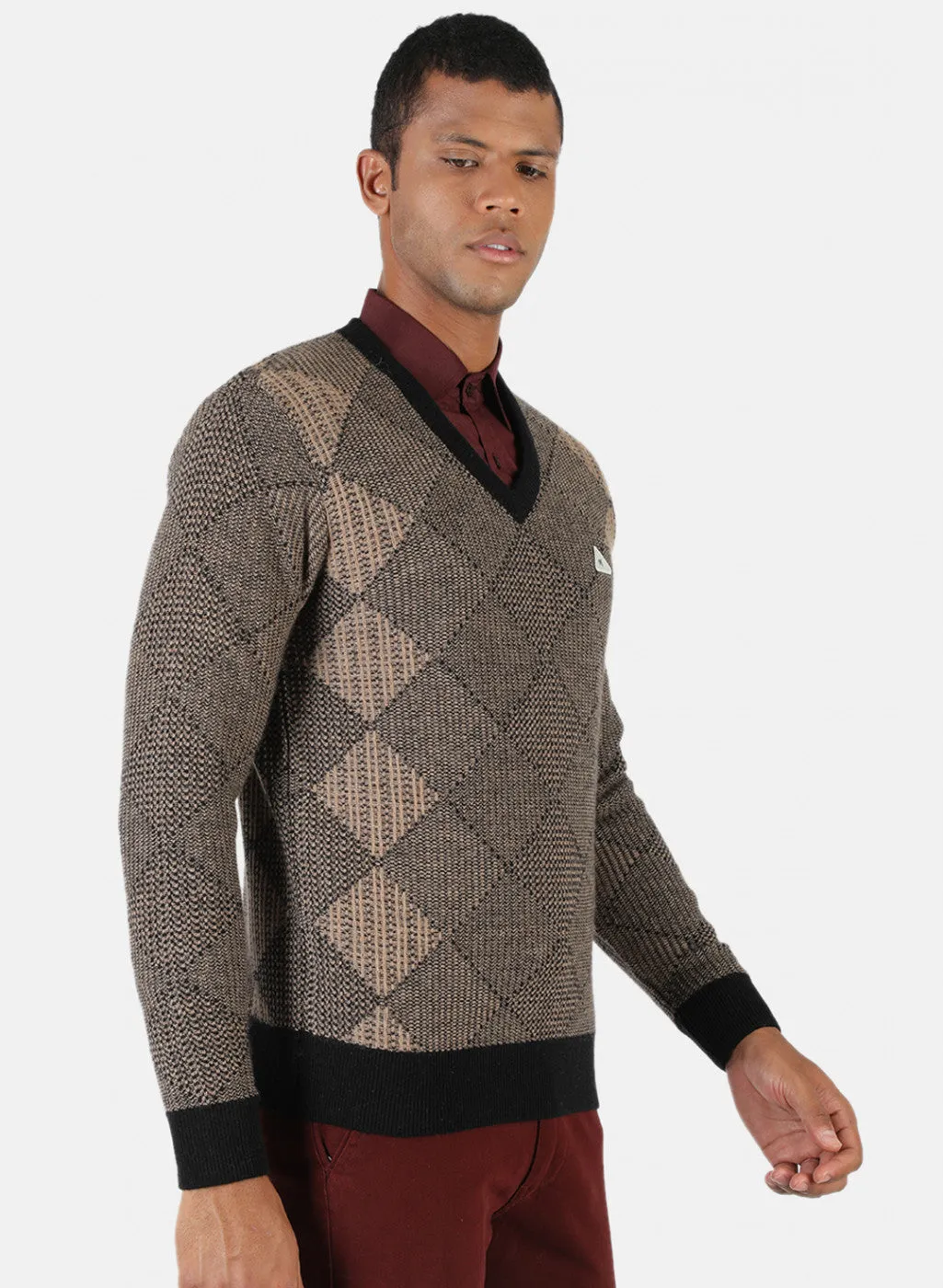 Men Brown & Black Solid Pullover