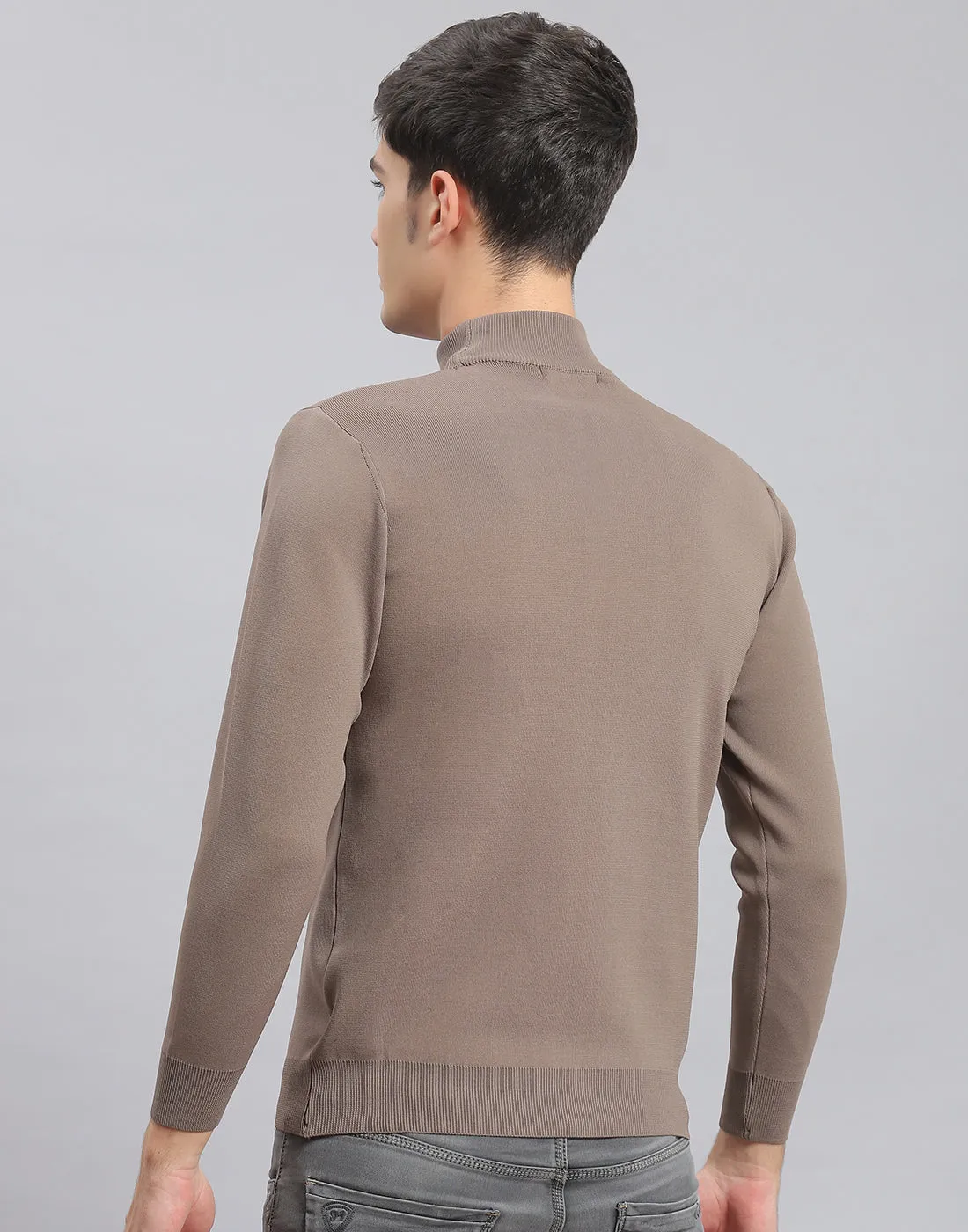 Men Brown Solid T Neck Full Sleeve Sweater