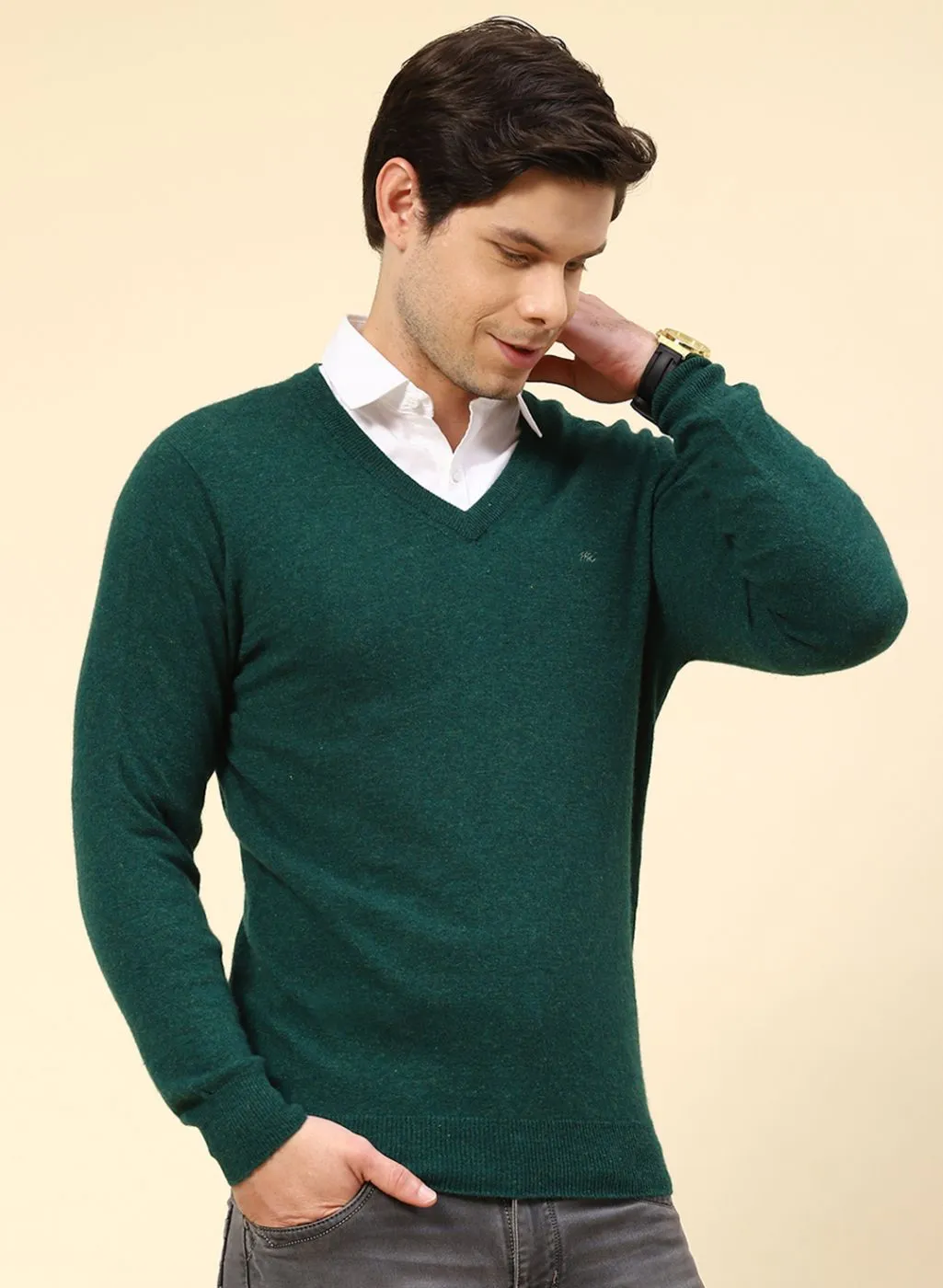 Men Green Solid Lamb wool Pullover