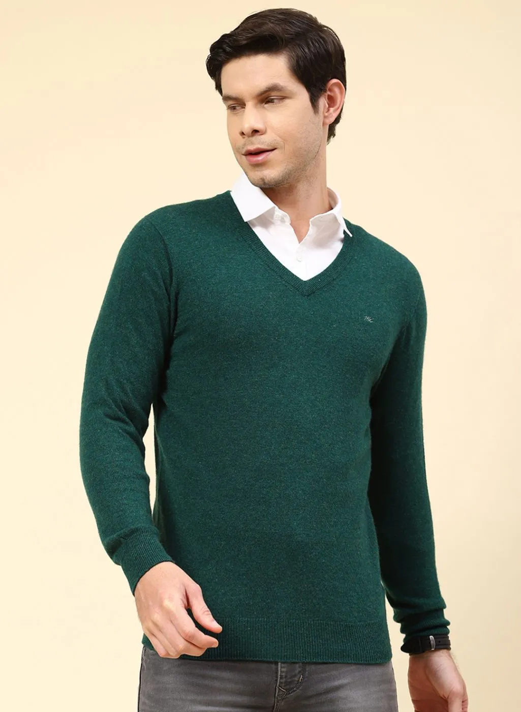 Men Green Solid Lamb wool Pullover