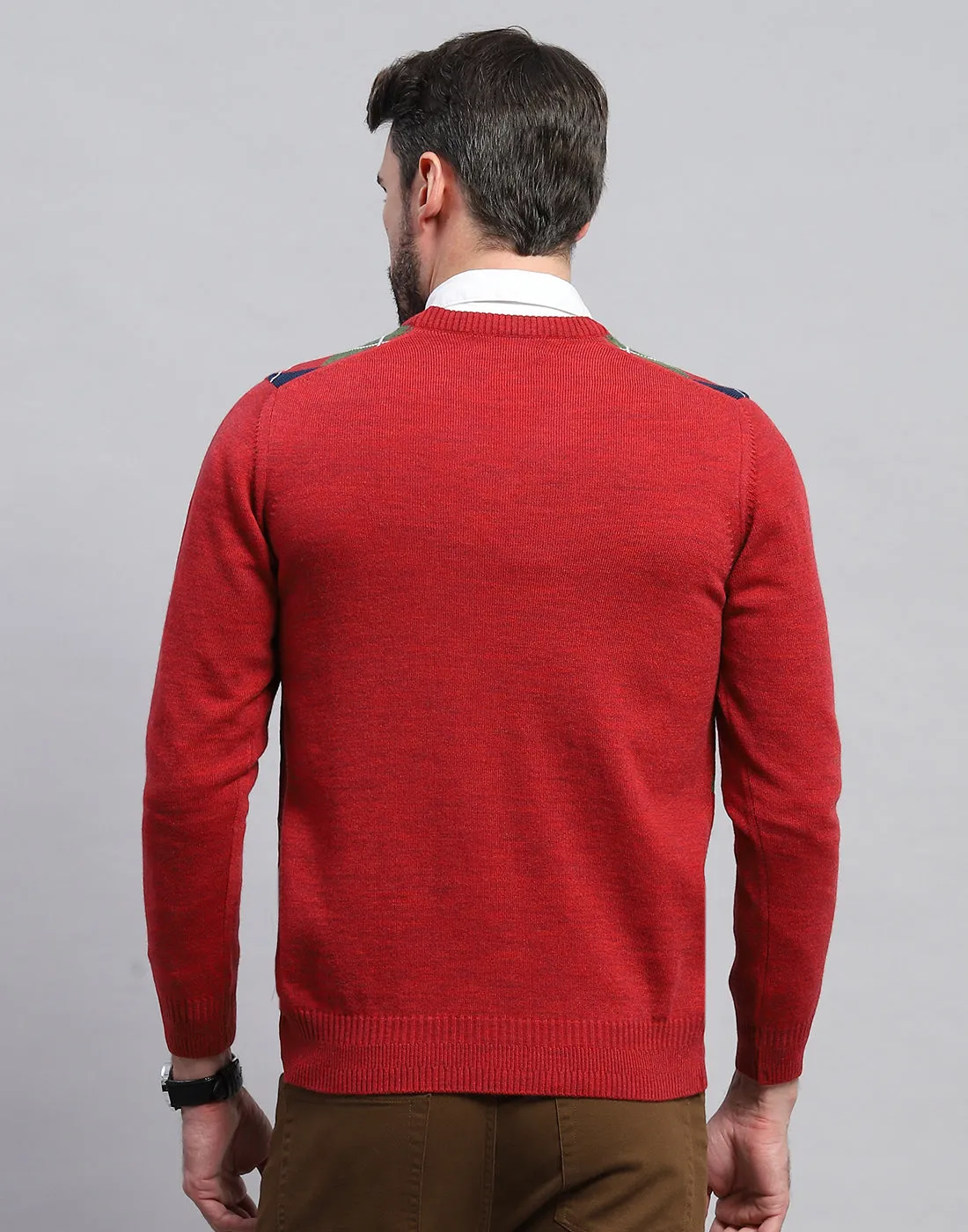 Men Red Geometric V Neck Full Sleeve Pullover