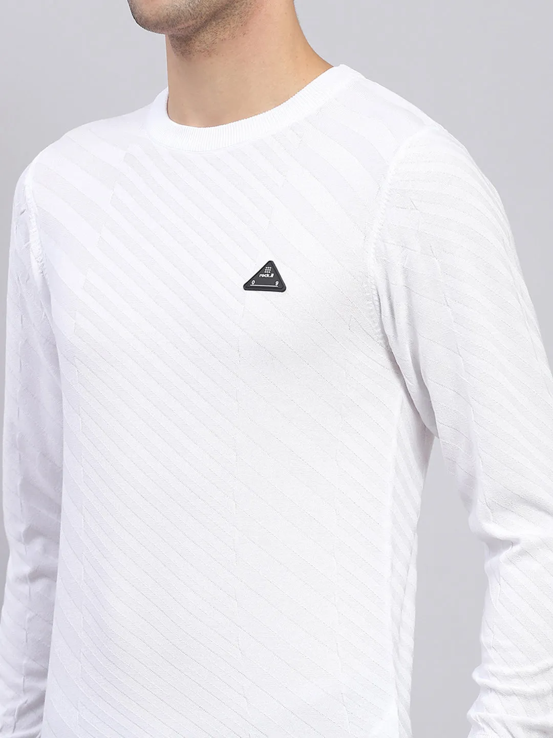 Men White Self Design Round Neck Full Sleeve Pullover