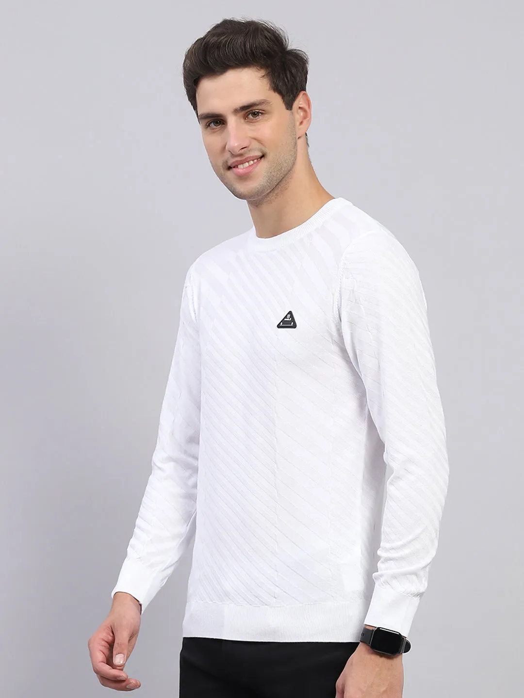 Men White Self Design Round Neck Full Sleeve Pullover