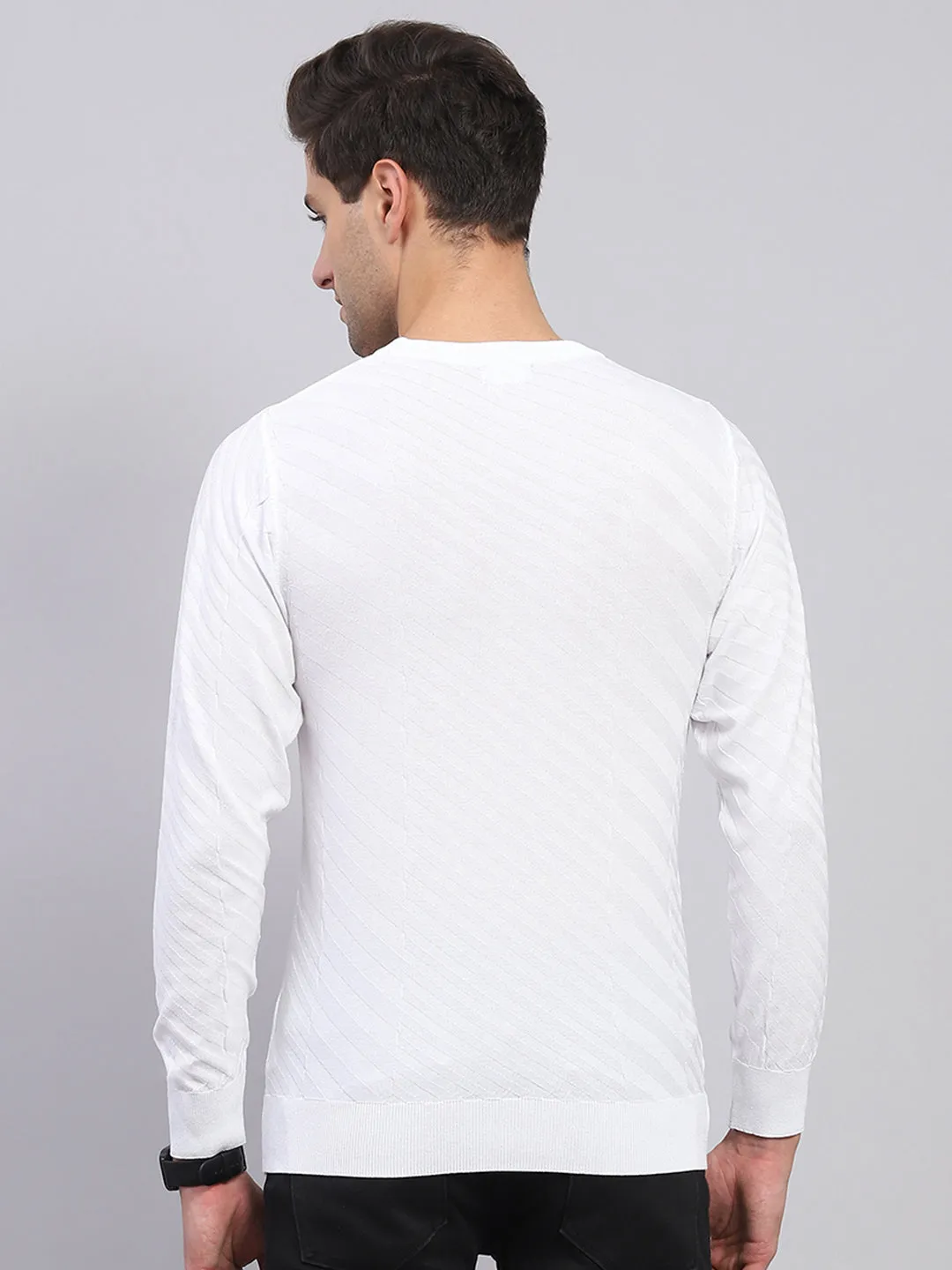 Men White Self Design Round Neck Full Sleeve Pullover