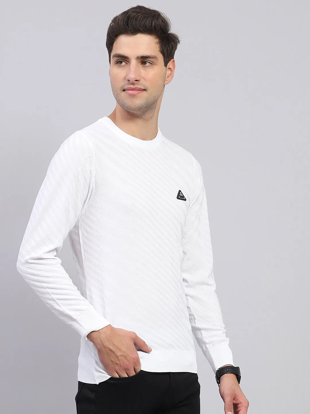 Men White Self Design Round Neck Full Sleeve Pullover