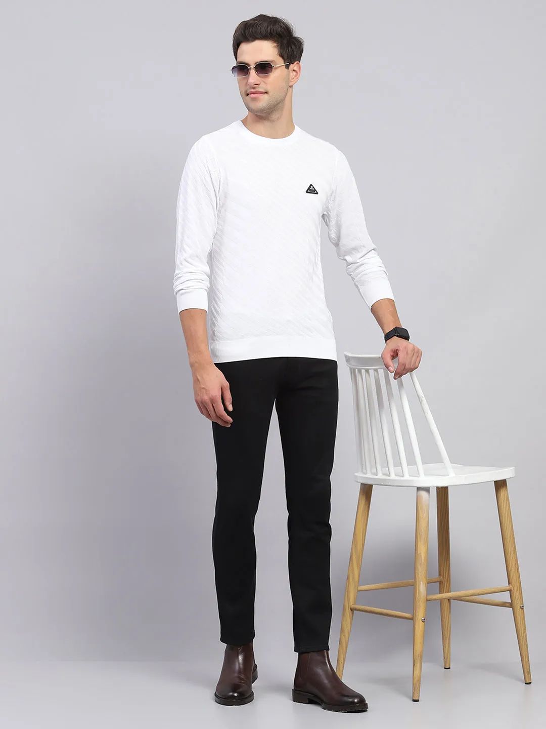Men White Self Design Round Neck Full Sleeve Pullover