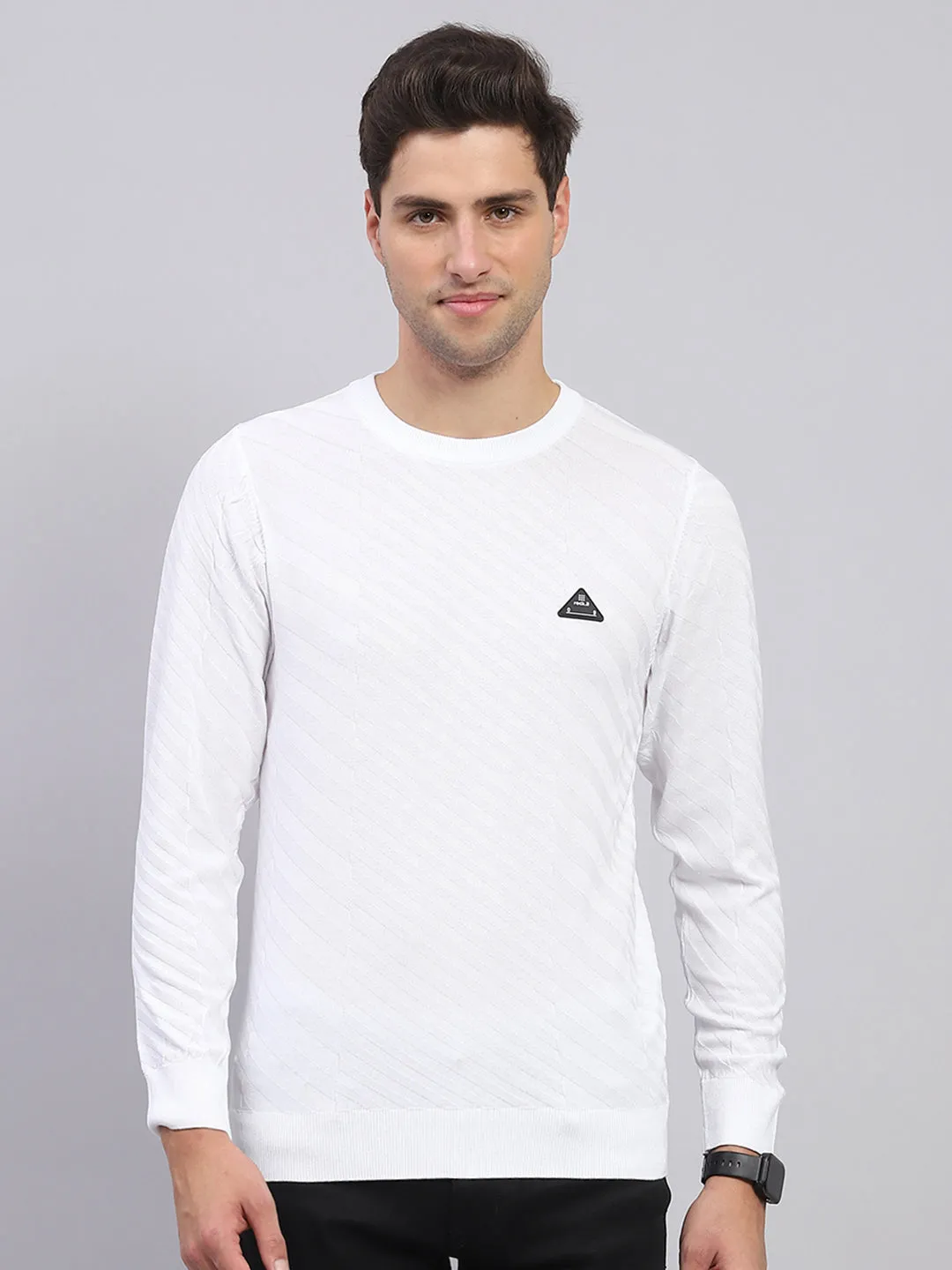 Men White Self Design Round Neck Full Sleeve Pullover