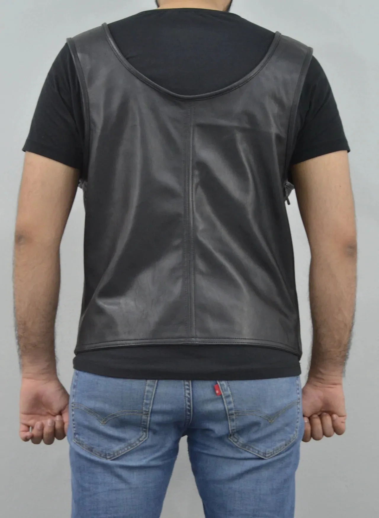 Men's Black Rapper Style Strap Lambskin Leather Vest