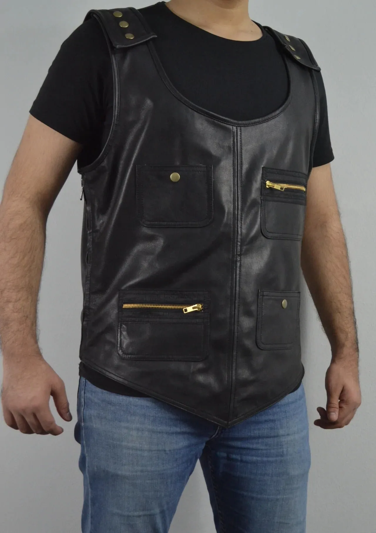 Men's Black Rapper Style Strap Lambskin Leather Vest