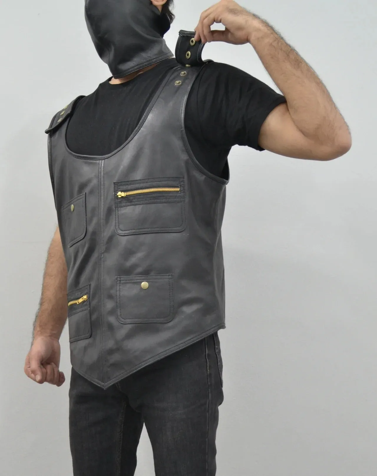 Men's Black Rapper Style Strap Lambskin Leather Vest