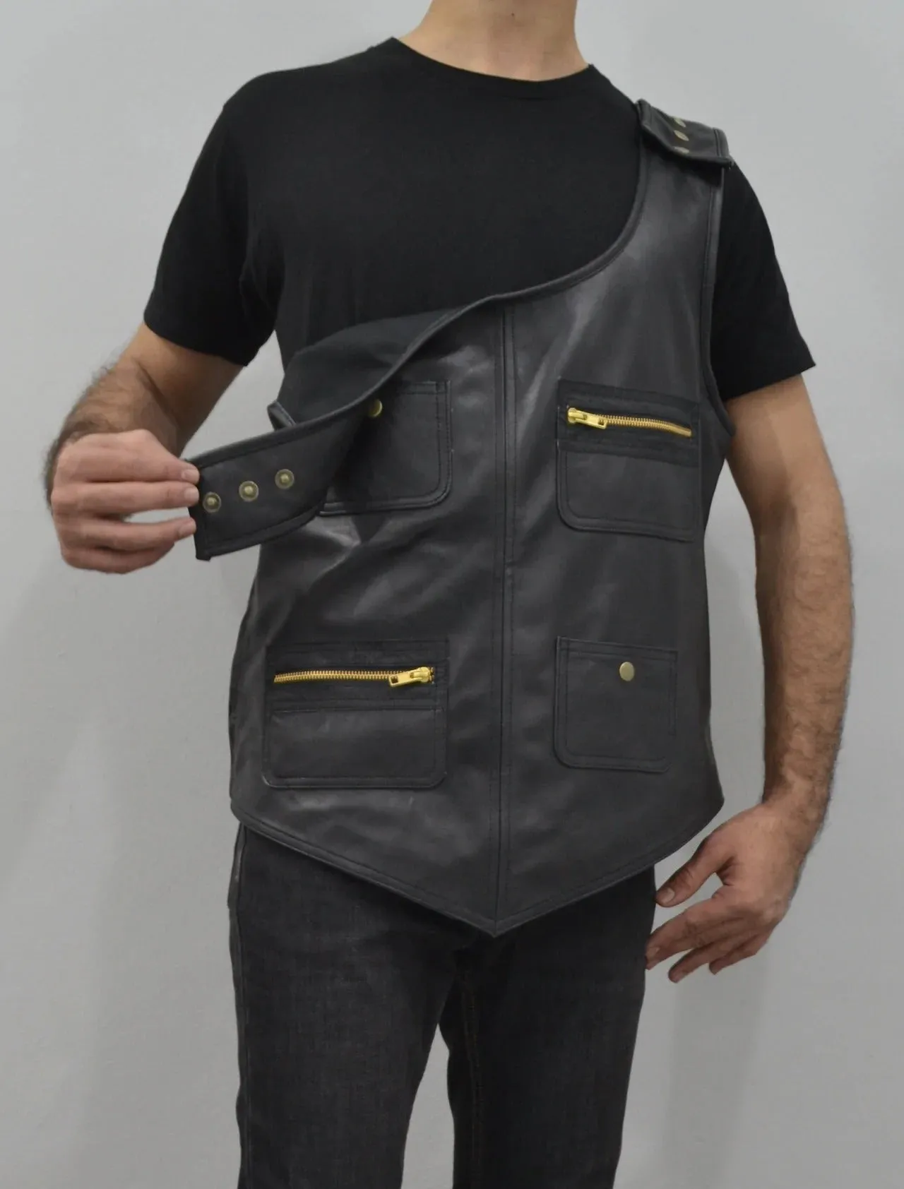 Men's Black Rapper Style Strap Lambskin Leather Vest