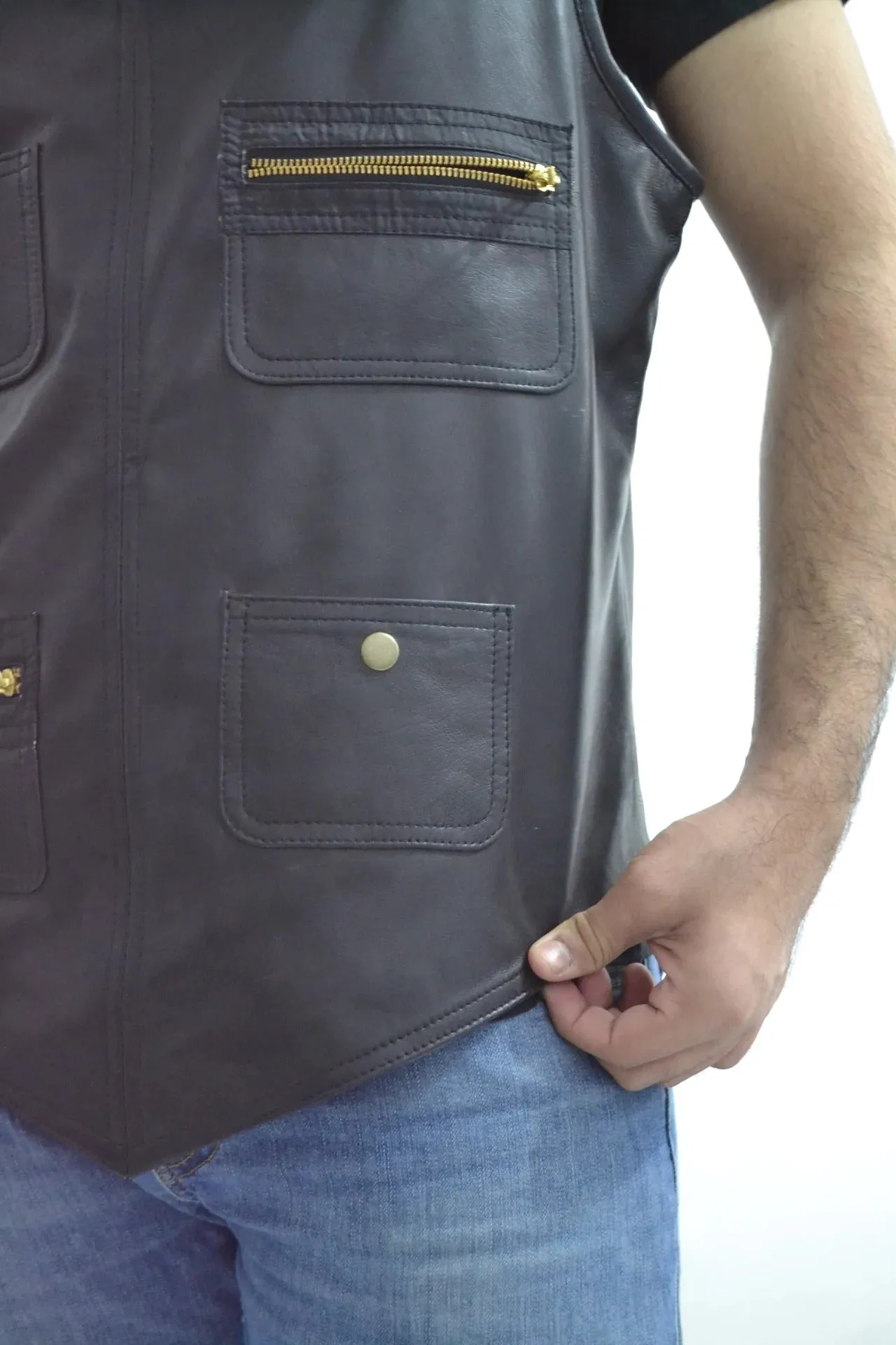 Men's Black Rapper Style Strap Lambskin Leather Vest