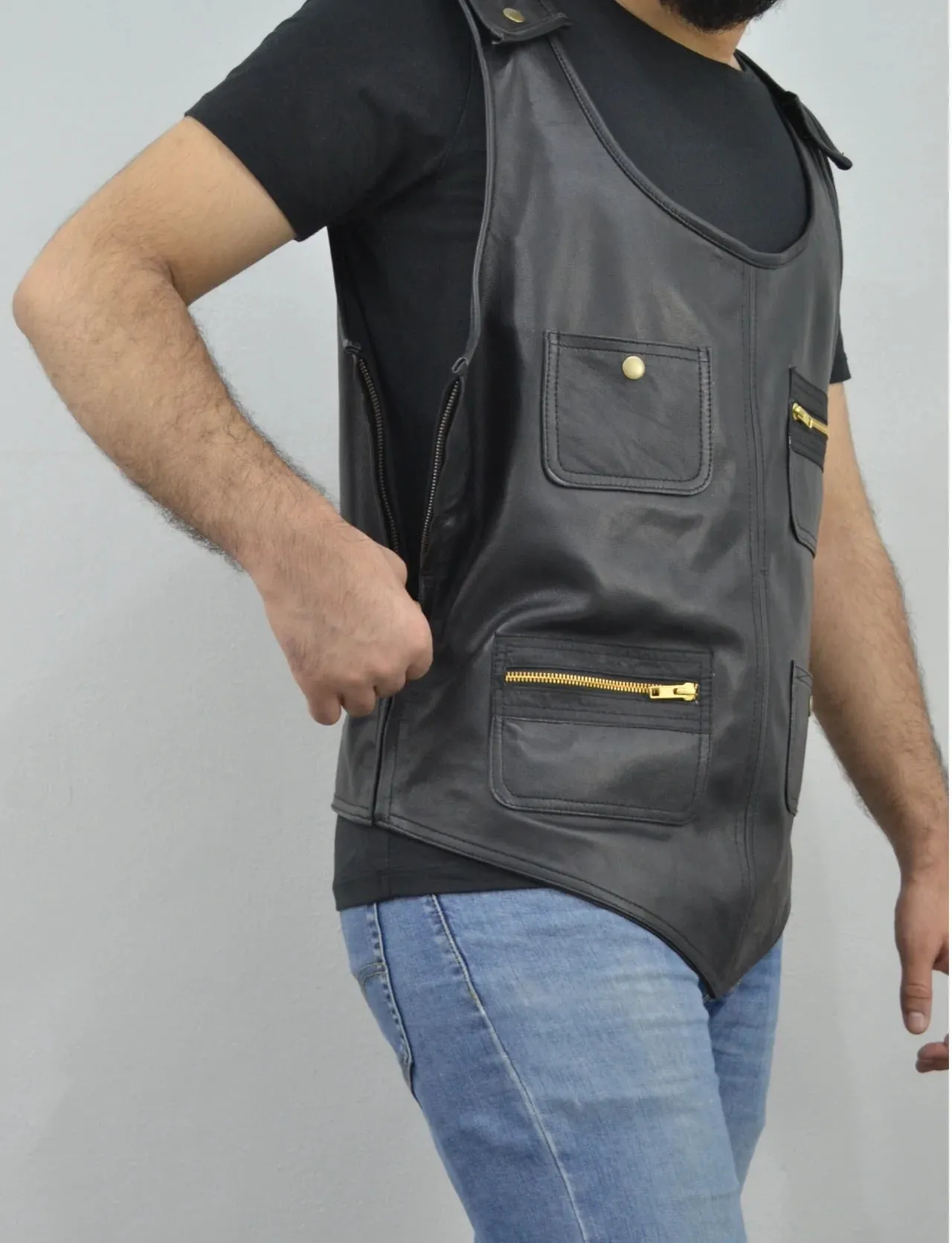 Men's Black Rapper Style Strap Lambskin Leather Vest