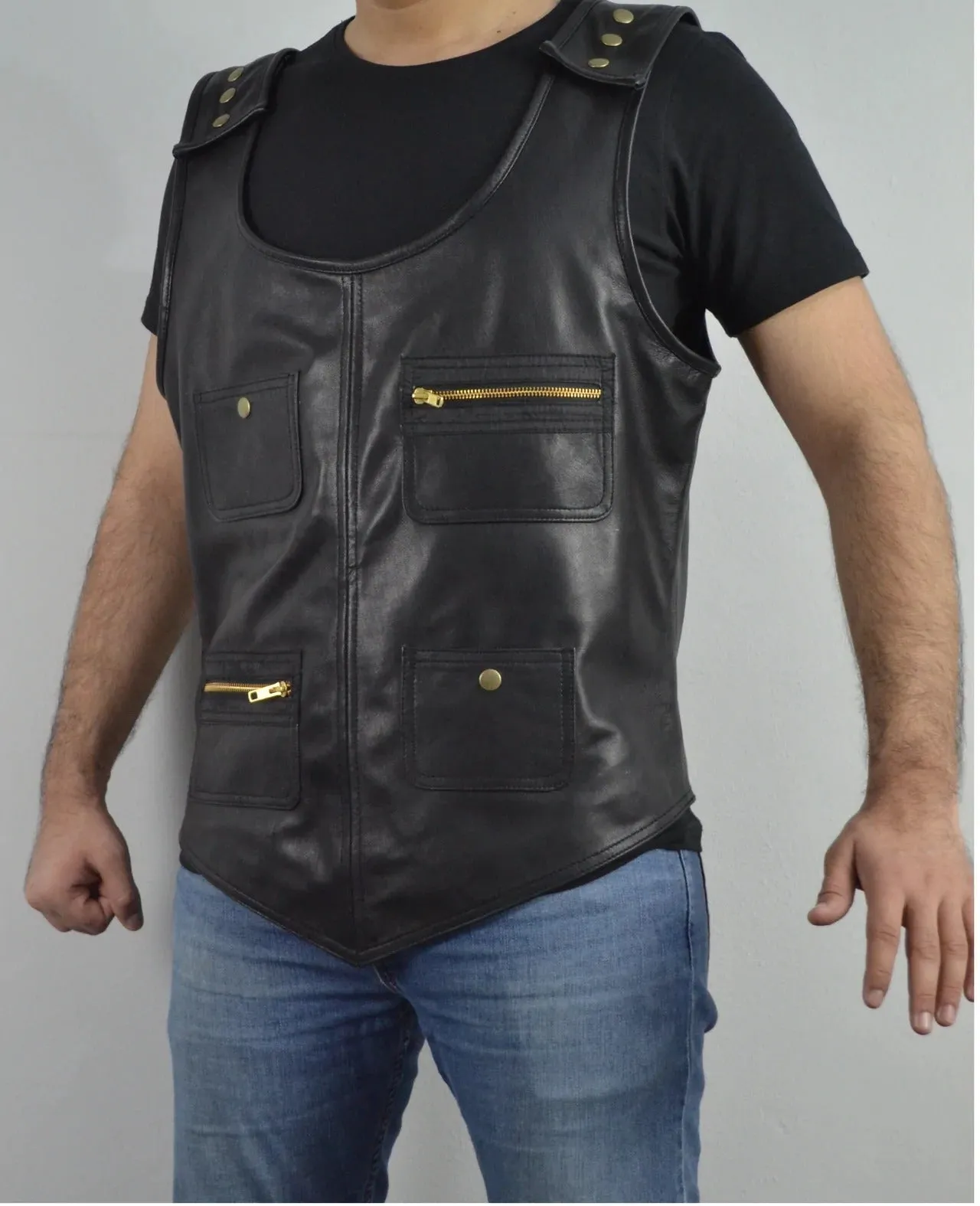 Men's Black Rapper Style Strap Lambskin Leather Vest