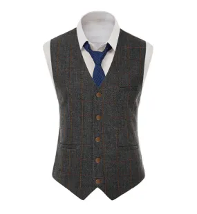 Men's Casual Slim Fit Plaid Tweed V Neck Waistcoat
