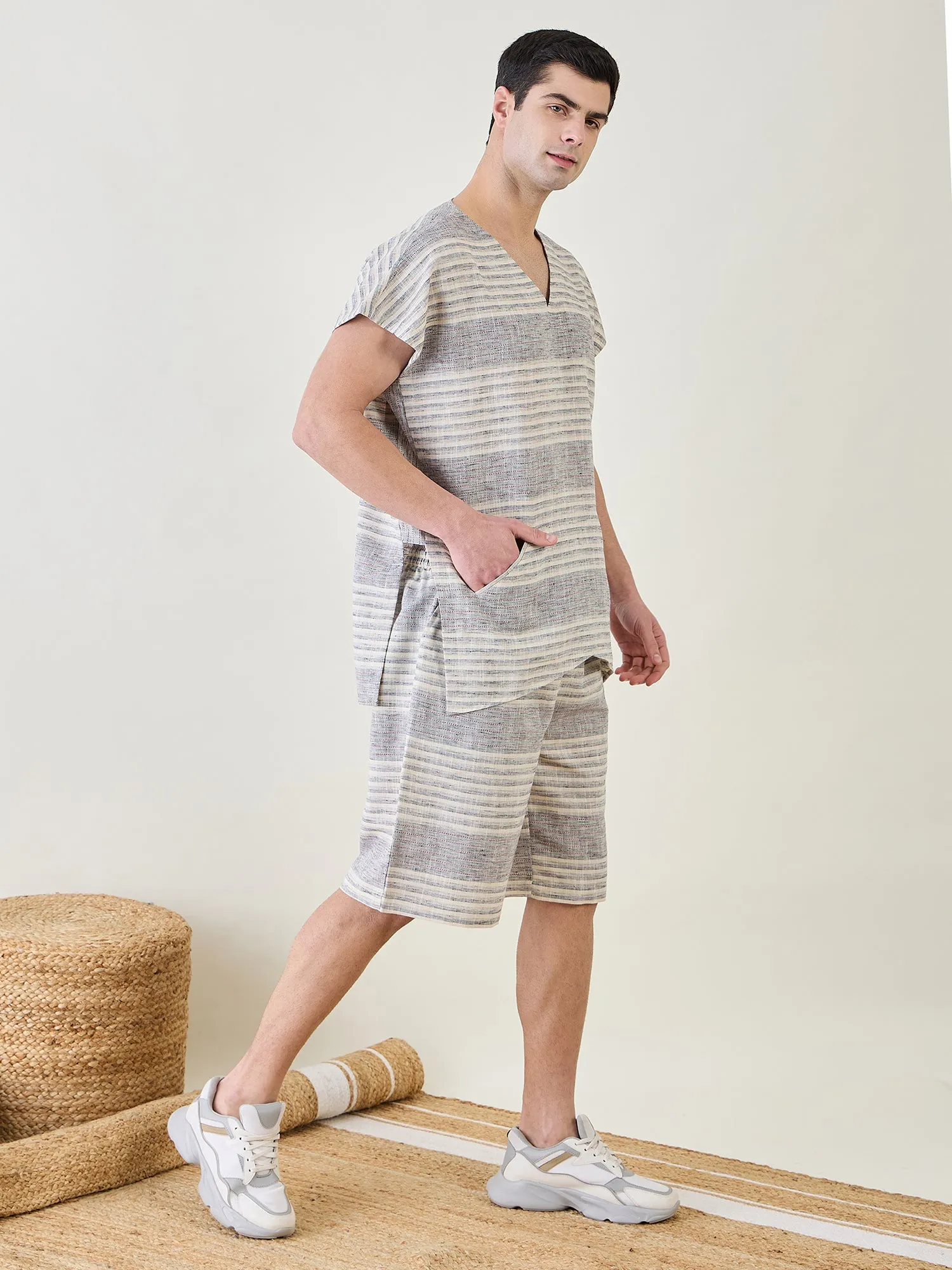 Mens Grey Cotton Kimono Top and Shorts Set