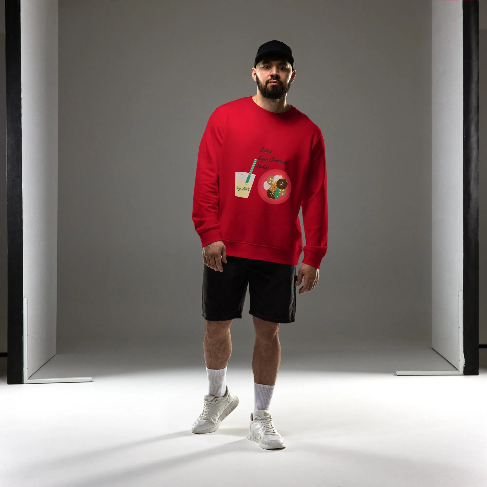 Men's Organic Cotton Christmas Sweatshirt - Santa’s Vegan Cookies Design (Grey, Red, White)