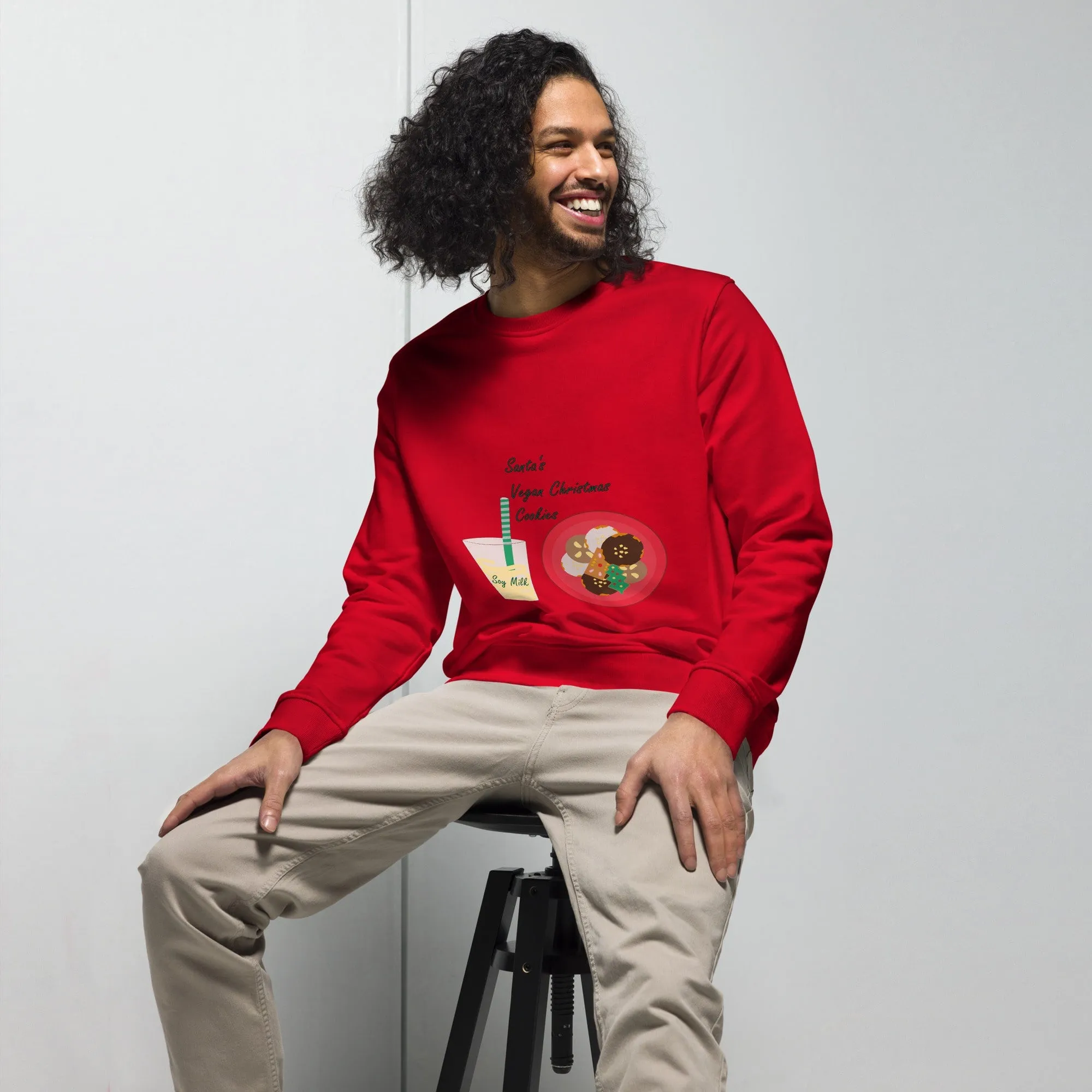 Men's Organic Cotton Christmas Sweatshirt - Santa’s Vegan Cookies Design (Grey, Red, White)