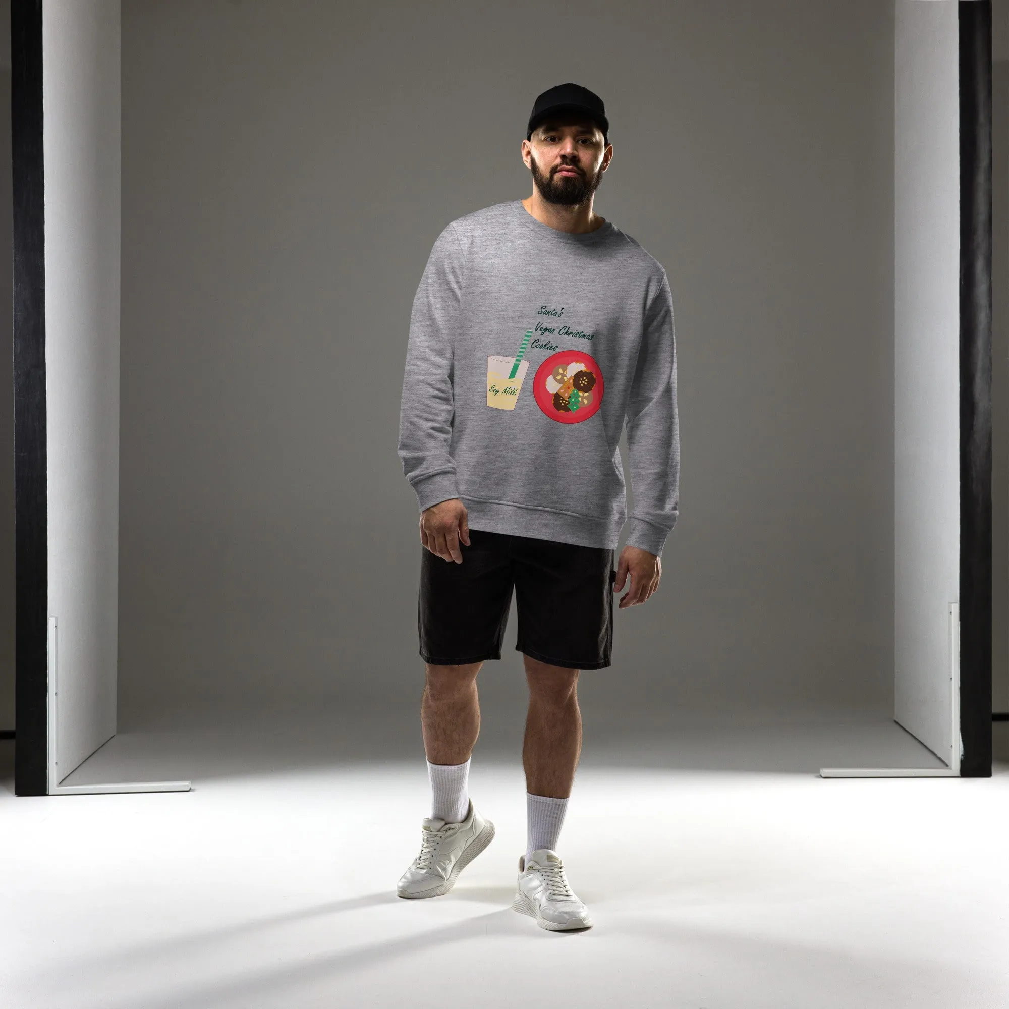 Men's Organic Cotton Christmas Sweatshirt - Santa’s Vegan Cookies Design (Grey, Red, White)