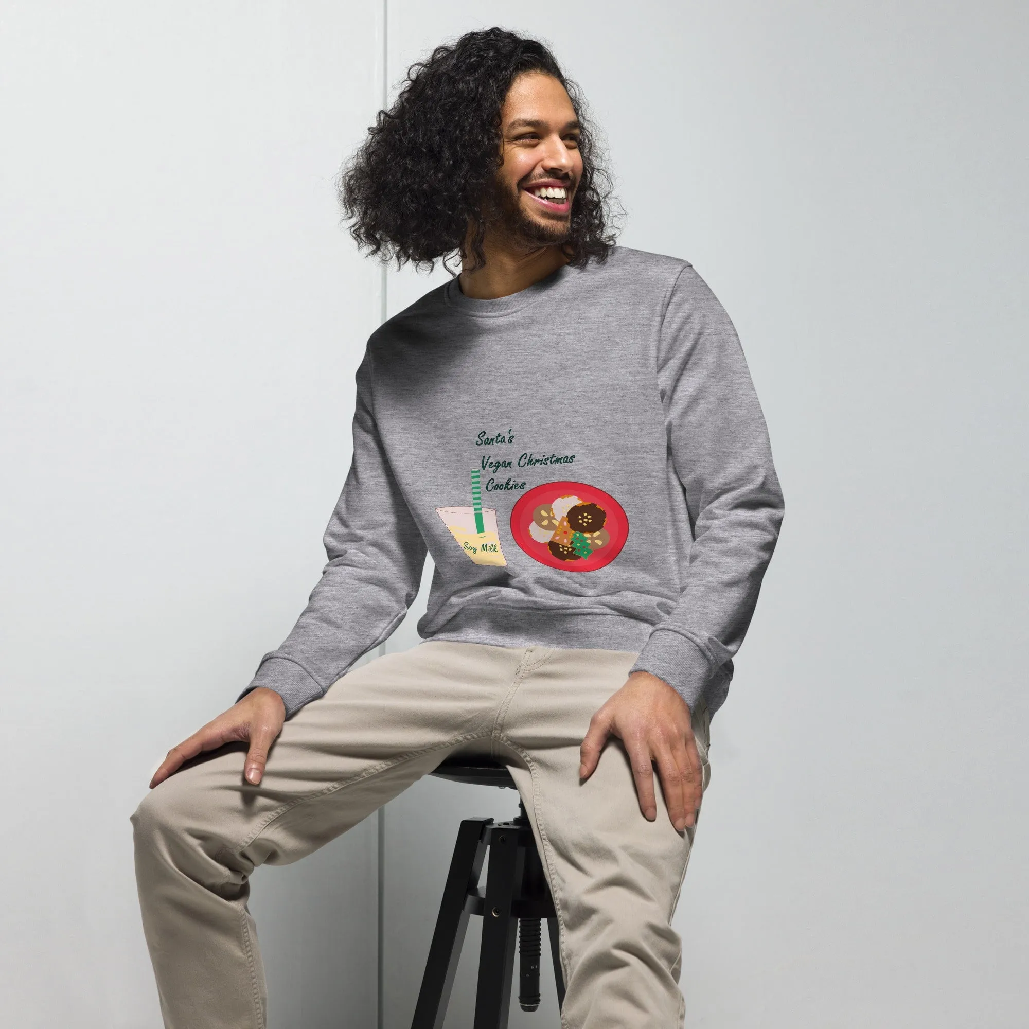 Men's Organic Cotton Christmas Sweatshirt - Santa’s Vegan Cookies Design (Grey, Red, White)
