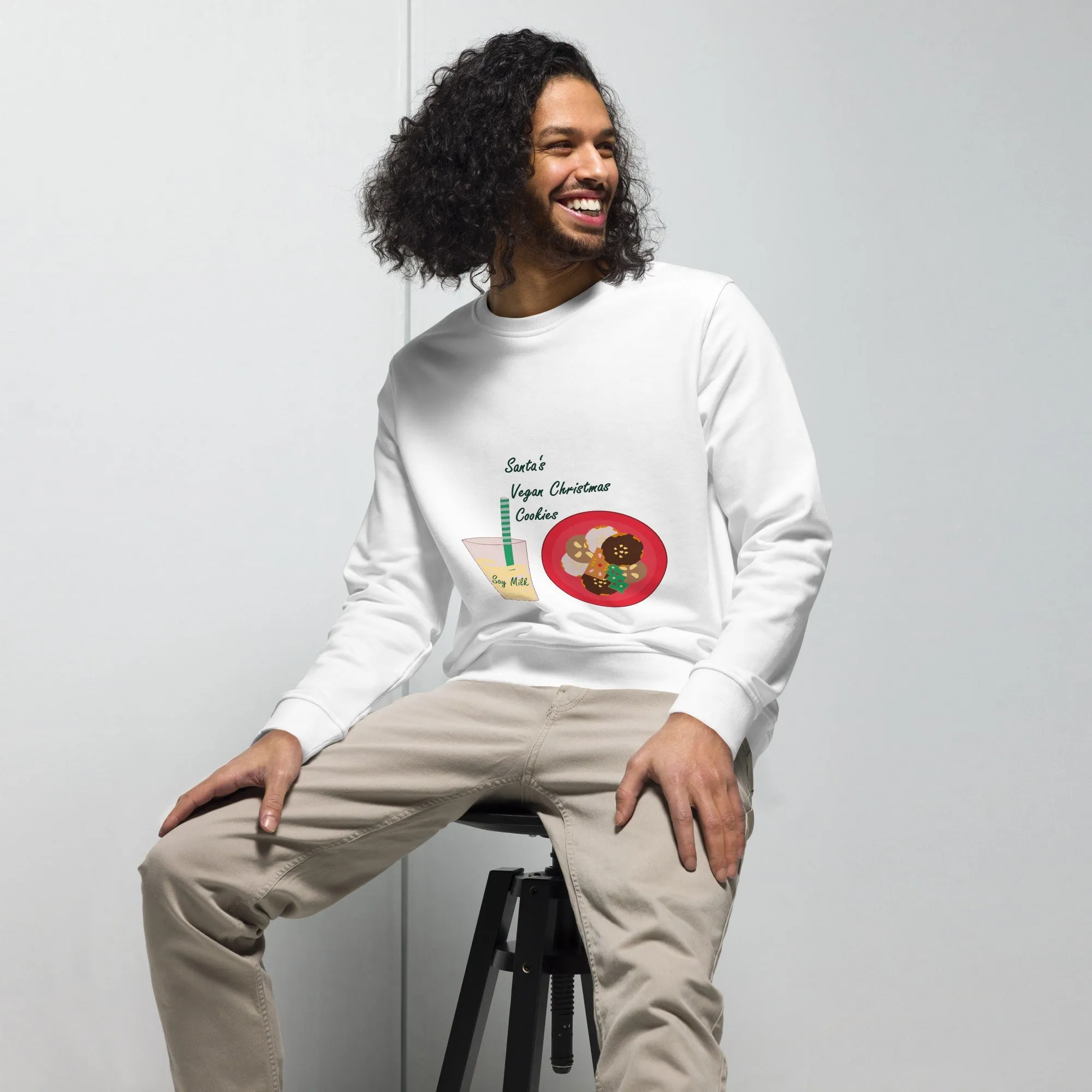 Men's Organic Cotton Christmas Sweatshirt - Santa’s Vegan Cookies Design (Grey, Red, White)