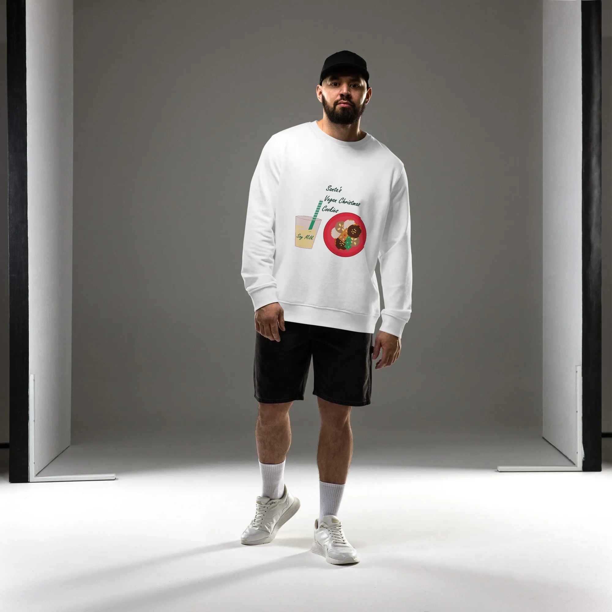 Men's Organic Cotton Christmas Sweatshirt - Santa’s Vegan Cookies Design (Grey, Red, White)