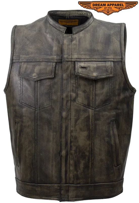 Mens SOA Style Motorcycle Club Vest Distressed Brown Leather