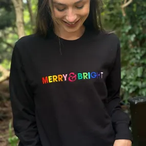 Merry & Bright Rainbow Embroidered Christmas Sweatshirt in Black