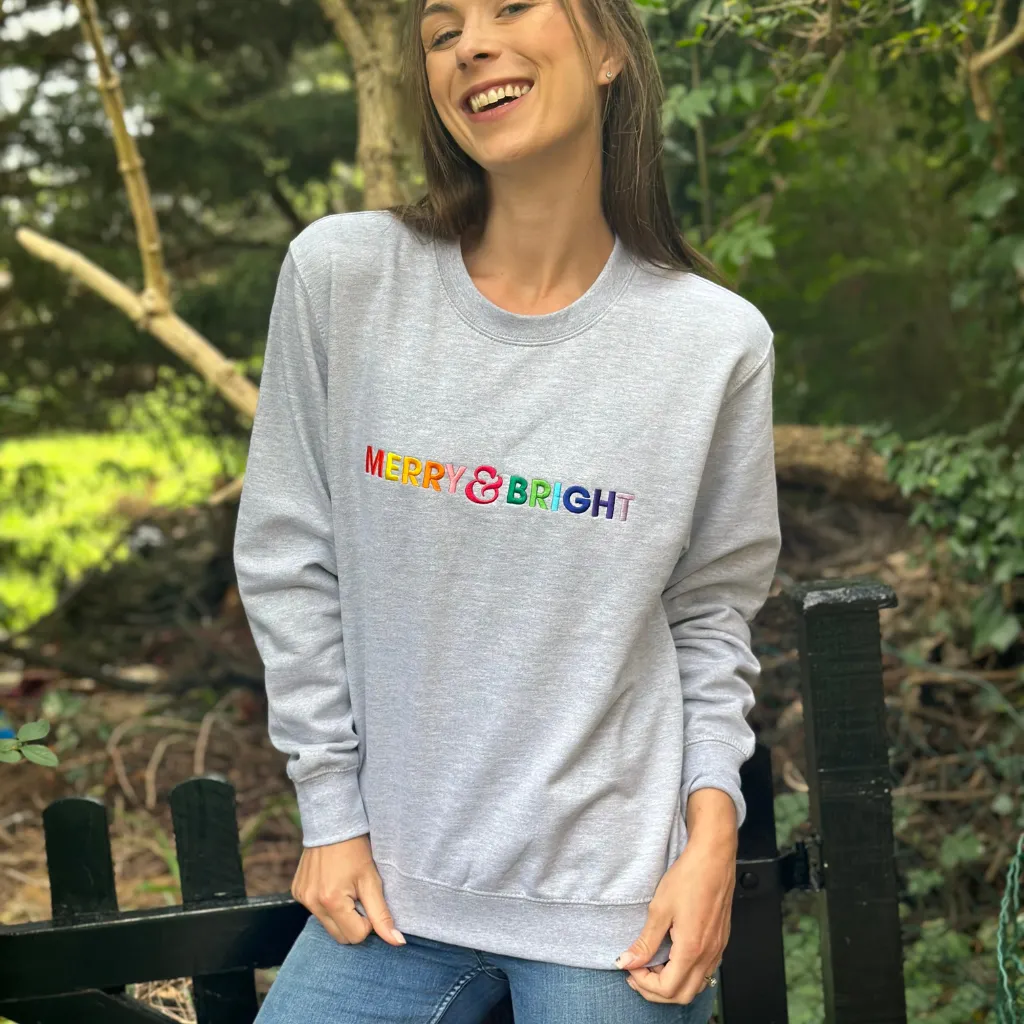 Merry & Bright Rainbow Embroidered Christmas Sweatshirt in Black