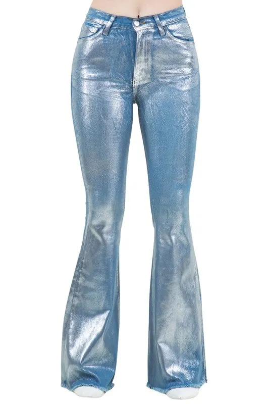 Metallic Bell Bottom Jeans In Blue