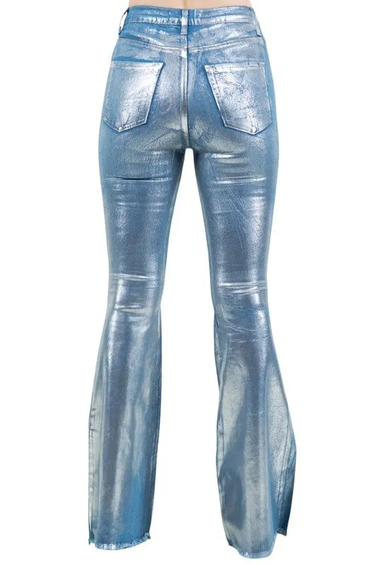 Metallic Bell Bottom Jeans In Blue
