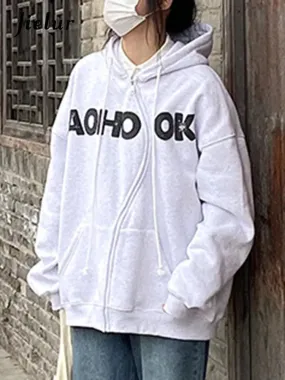 Metaversmall O-neck Letter Printed Spell Color Female Hoodies Winter Pockets Drawstring Loose O-neck Women Hoodie Casual Office Ladies