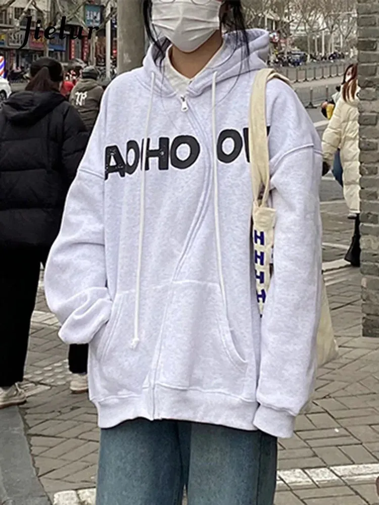Metaversmall O-neck Letter Printed Spell Color Female Hoodies Winter Pockets Drawstring Loose O-neck Women Hoodie Casual Office Ladies