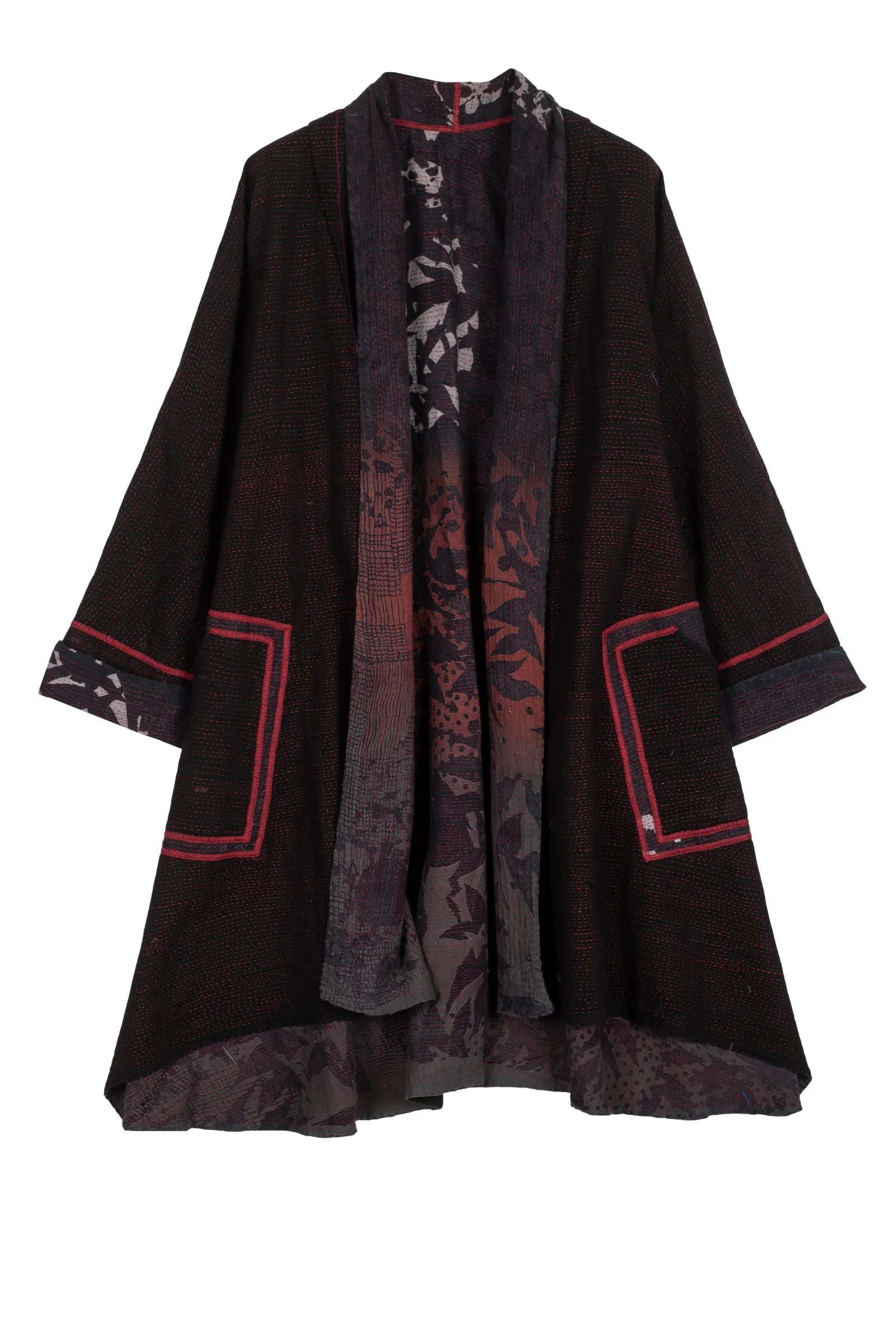 MONOTONE TWILIGHT PRINT KANTHA KIMONO LONG JACKET - tp2005-red -