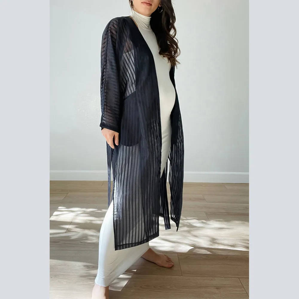 Navy Window Pane Midi Kimono Wrap
