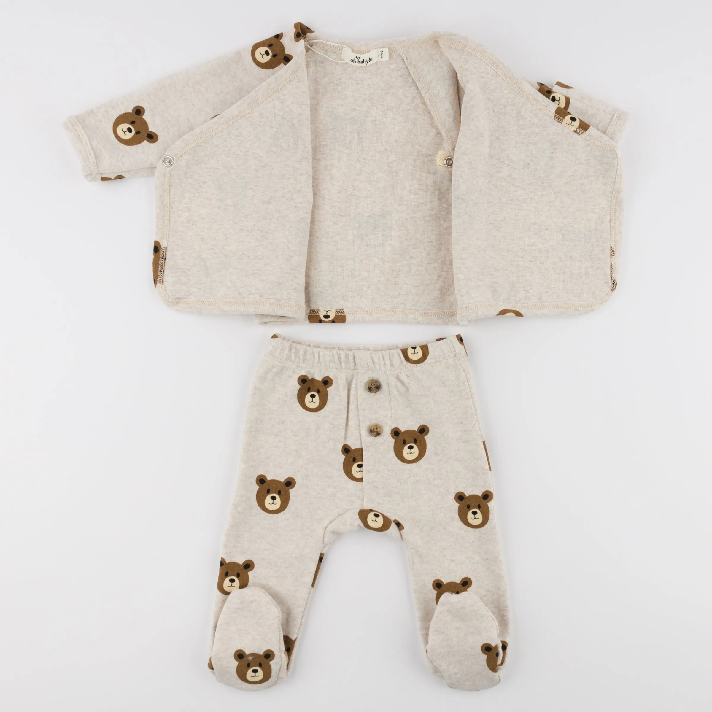 oh baby! Kimono Footie Set - Teddy Bear Face Print - Malt