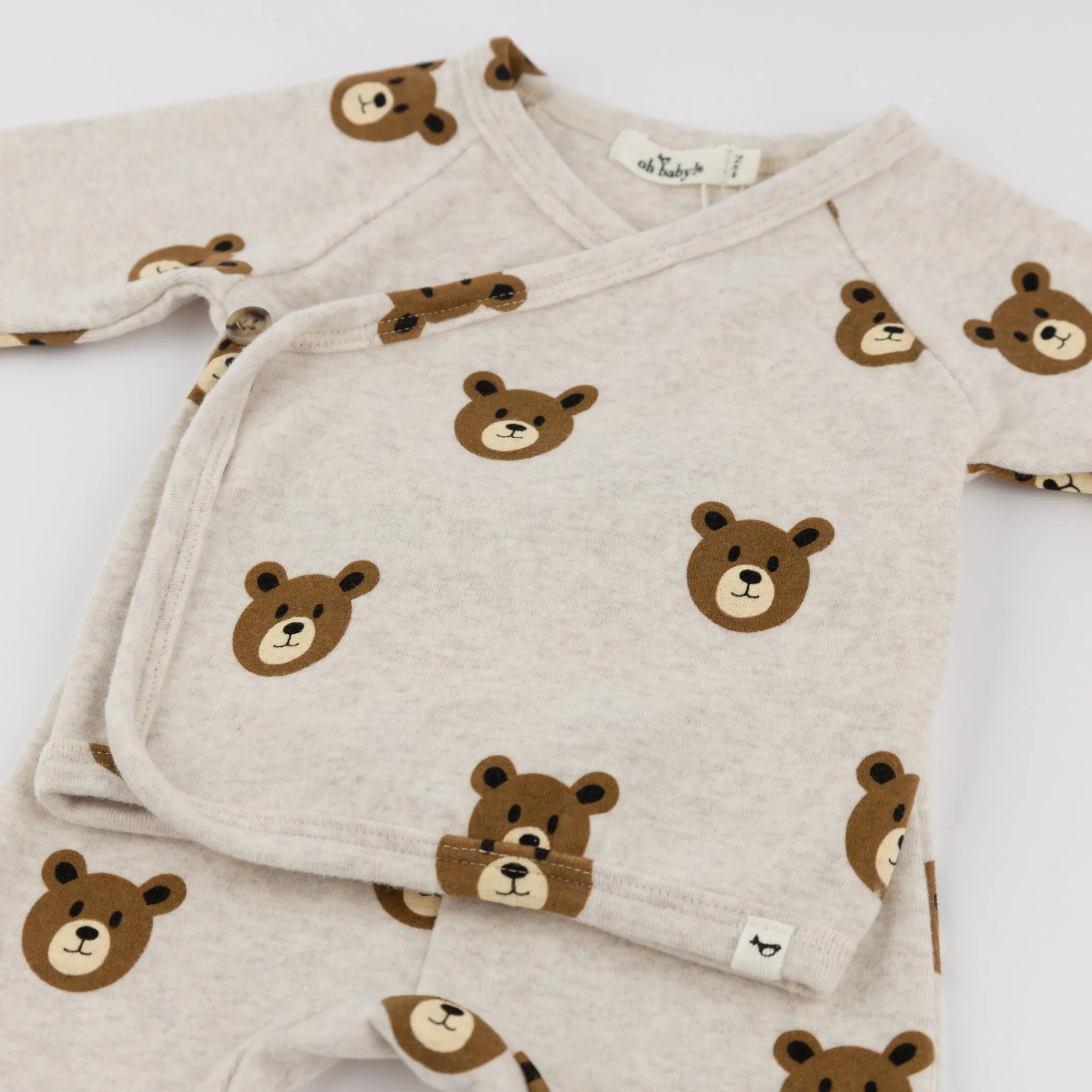 oh baby! Kimono Footie Set - Teddy Bear Face Print - Malt