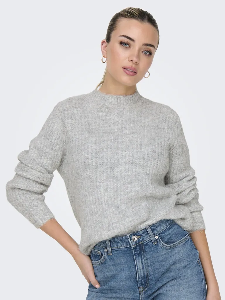 Only Womens Pullover Maggie Life LS Rib O-Neck Knit Light Grey Melange